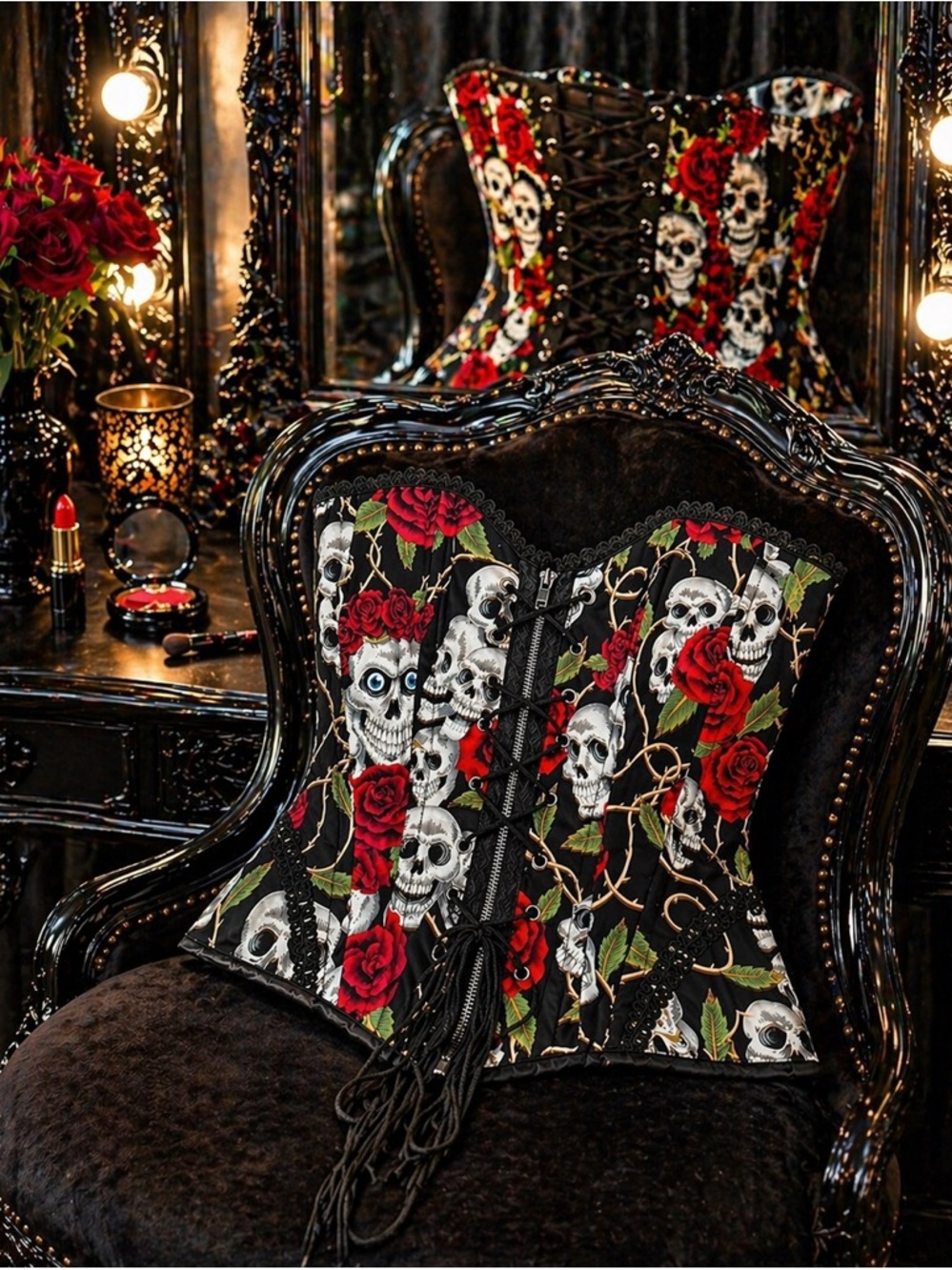 Living Dead Souls Skulls & Rose Corset- Custom Zip Gothic Bustier (One Of A Kind
